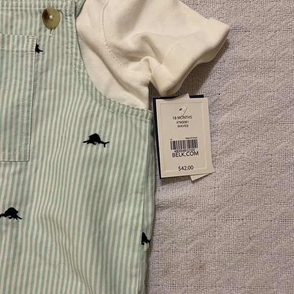 Crown & Ivy Green and White Stripes Overalls and White Polo Set NWT - Picture 2 of 2